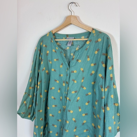 Catherines Tunic Top Womens 2X Pineapples Linen Blend Button Up Teal - Picture 5 of 7